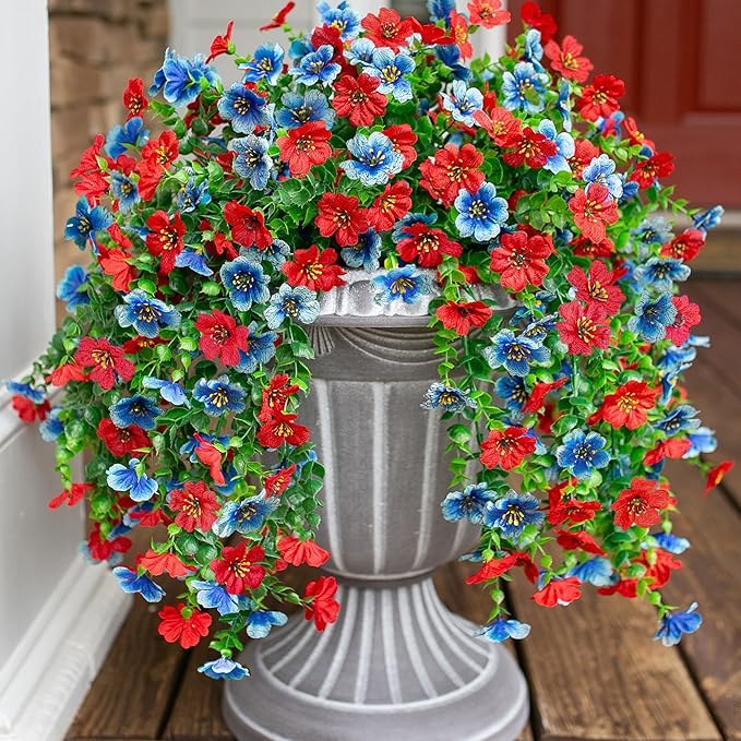 Artificial Faux Hanging Flowers Plants for Spring Outdoor Outside Decoration, 2 PCS Fake Silk Daisy with Eucalyptus UV Resistant Realistic Trailing Vines for Balcony Patio Porch (BlueRed)