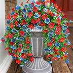 Artificial Faux Hanging Flowers Plants for Spring Outdoor Outside Decoration, 2 PCS Fake Silk Daisy with Eucalyptus UV Resistant Realistic Trailing Vines for Balcony Patio Porch (BlueRed)