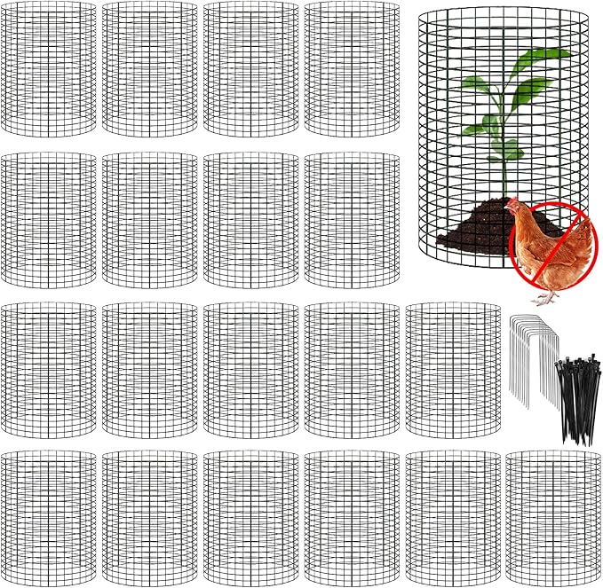 YEXEXINM 20 Pack 12" H X 4" D Wire Small Plant Protector from Animals, 20 Pcs Small Metal Plant Cage Chicken Wire Cloche with Ground Stakes and Nylon Tie to Keep Animals Out Garden Protection