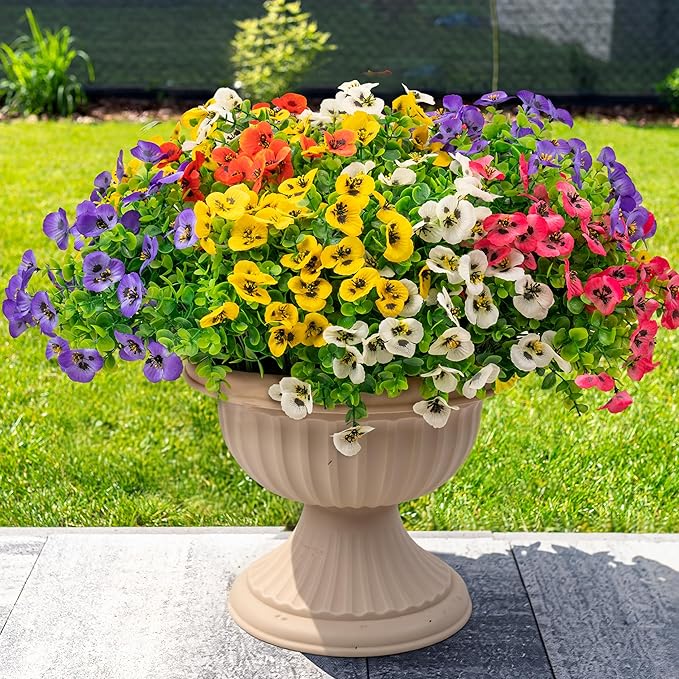 20 Bundles Artificial Fake Pansy Flowers for Outdoor - Yellow, White, Purple, Sunset red & deep pink Faux Pansies Flowers, Fake Flowers for Outdoor Planters, Porch, Garden, and Home Decoration