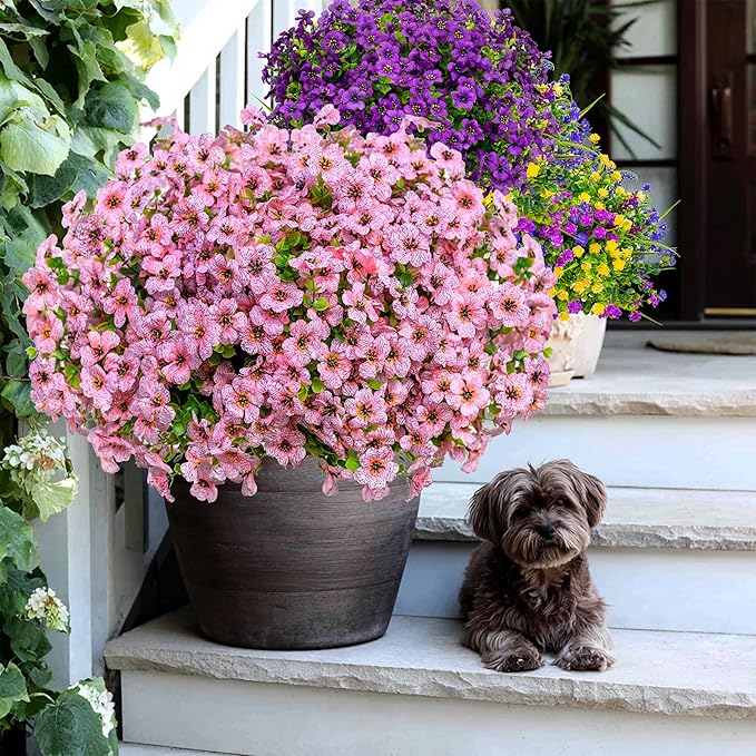 AXYLEX Artificial Flowers for Outdoors Fake Plants - 16 Bundles Faux Outside Greenery Boxwood No Fade Plastic Shrubs Fall Decor Farmhouse Home Garden Thanksgiving Mums (Pink)