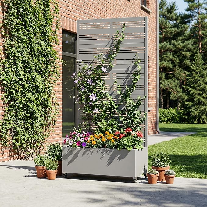 Casaphoria Metal Raised Garden Bed with Trellis and Wheels, 72"x35"x16" Planter Box for Climbing Plants, Vegetables & Vines, Features Drainage Holes and Privacy Screen, Grey-Harold