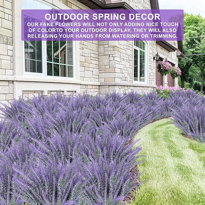 TURNMEON 10 Bundles Artificial Lavender Flowers for Outdoors Summer Decor,UV Resistant Fake Flowers Plants Flocked Faux Plastic Shrubs Wedding Bouquet Window Box Table Home Cemetery Decor(Gray Purple)
