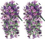 Artificial Faux Hanging Flowers Plants for Spring Outdoor Outside Decoration, 2 PCS Fake Silk Daisy with Eucalyptus UV Resistant Realistic Trailing Vines for Balcony Patio Porch (Darkpurple+Purple)