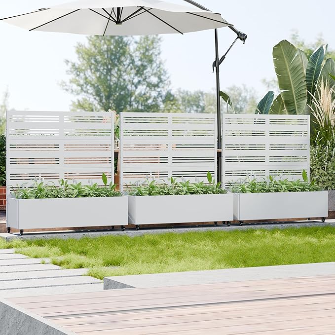 Casaphoria Metal Raised Garden Bed with Trellis and Wheels, 47"x47"x16" Planter Box for Climbing Plants, Vegetables & Vines, Features Drainage Holes and Privacy Screen, White-Harold