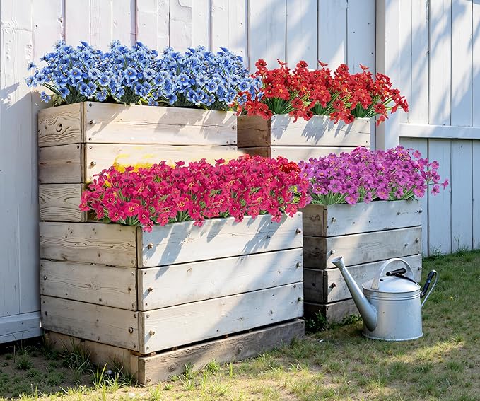 Bassion 24 Bundles Artificial Flowers for Outdoors Decoration, UV Resistant Blue Silk Fake Faux Flowers Artificial Plants for Outside Window Box Porch Garden Home Decor