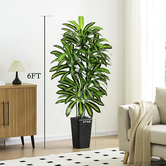 Artificial Dracaena Tree - 6FT Tall Fake Plants with Black Square Planter - Artificial Plants Indoor Floor Plant in Pot - Large Tropical Fake Yucca Potted Tree for Home Office Living Room Decor