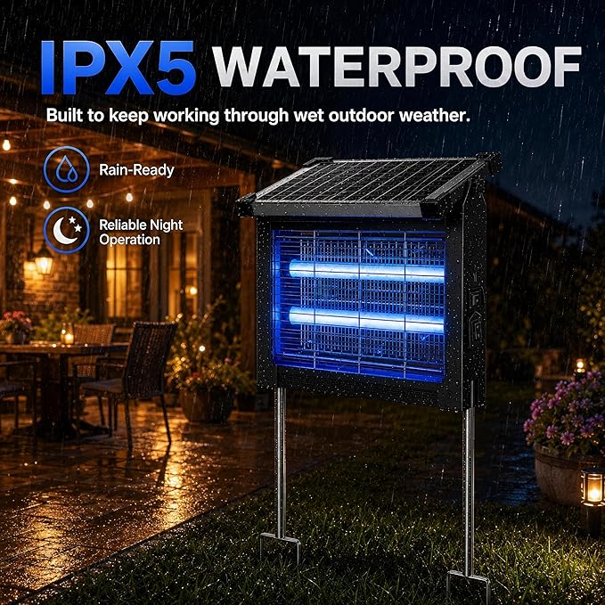 Solar Bug Zapper Outdoor Waterproof, Mosquito Zapper USB-C Rechargeable Solar Bug Zapper Outdoor, 4500V Electric Bug Zapper, Mosquito Trap Fly Zapper Killer for Patio Garden Backyard Camping Garage