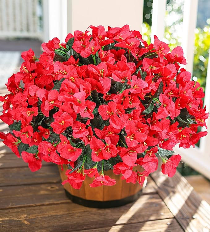 Bougainvillea Artificial Flowers for Outdoors Faux Plants Spring Summer Decor, 4 Bundles Red UV Resistant Fake Outdoor Flowers Silk Flowers for Outside Realistic for Planters Patio Porch Garden Home