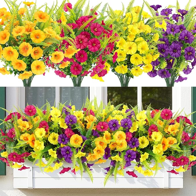 Artificial Flowers for Outdoors 12 Bundles Artificial Petunias Fake Flowers UV Resistant Shrubs Plants with Fern for Indoor Outside Hanging Planters Home Garden Spring Summer Decorations