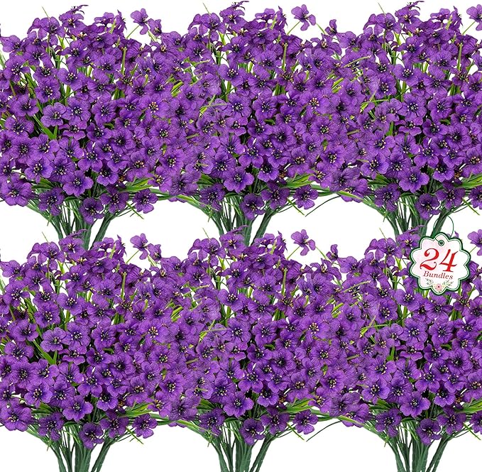Roberly 24 Bundles Artificial Flowers for Outdoors UV Resistant Silk Fake Flowers Faux Plastic Plants for Porch Garden Window Box Indoor Outdoor Spring Summer Home Farmhouse Decor, Purple