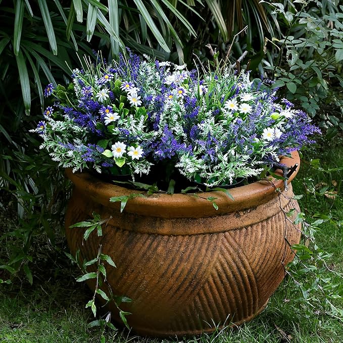 2 Pcs Artificial Potted Flowers for Outdoors - 16 Inch Large Pre-Assembly Purple Flowers Faux Plants Lavender Daisy for Outdoor Home Office Front Doors Patios Porches Yards Decor