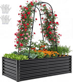YITAHOME 6x3x2ft Galvanized Raised Garden Bed with Tall Arch Trellis, Galvanized Planter Box with Vertical Netting, Gloves, Support Rod, Outdoor Flower Bed for Plants, Vegetables, Flowers, Black