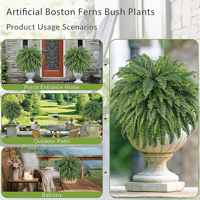 50" Fake Ferns Bush Plants with 96 Frond, 2 Faux Ferns for Outdoors Planter Large Garden Porch Entrance Balcony Windowsill Home Decor