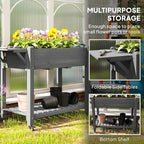 Outsunny Raised Garden Bed, 57 x 20.5 x 34 in Wood Elevated Planter Box with Lockable Wheels, Side Tables and Bottom Shelf, Outdoor Raised Planter with Bed Liner and Drainage Holes, Gray