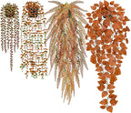 Der Rose 4Pcs Fake Fall Plants Hanging Orange Artificial Eucalyptus Plants, Boston Fern, Fake Potho, String of Pearls for Halloween Bathroom Table Centerpiece Wall Mantle Decor Indoor and Outdoor