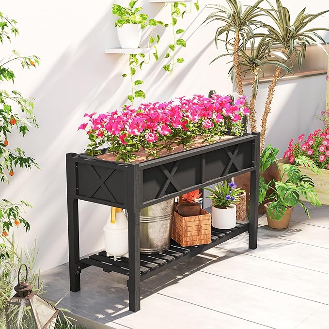 Outsunny Raised Garden Bed, Elevated Wood Planter Box with Storage Shelf, Drainage Holes and Liner for Backyard, Patio, Balcony, 47 x 22 x 31.5 in, Black