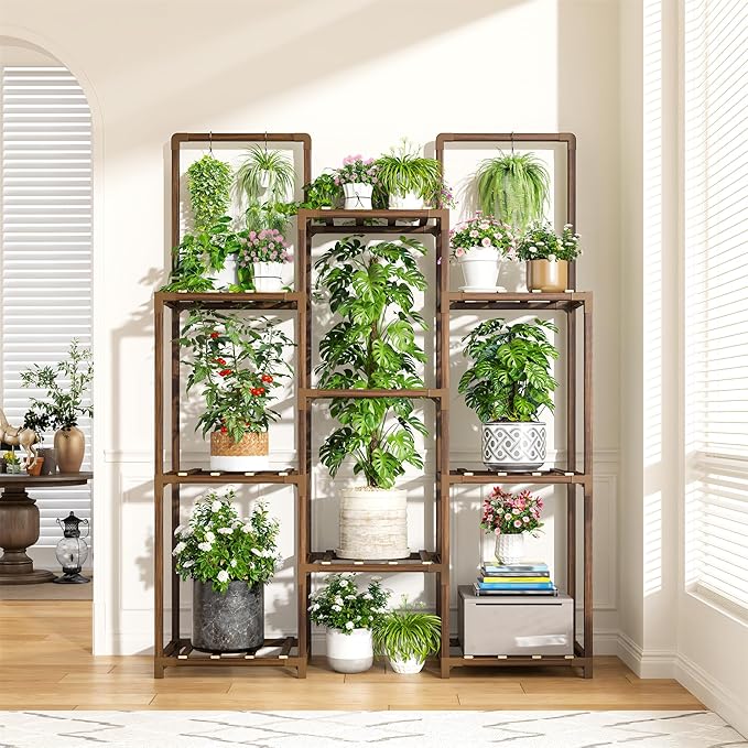 EnHomee Plant Stand Indoor Tall Plant Stand Outdoor Large Wood Plants Shelf with 10-12 Pots for Patio, Living Room, Garden, Balcony, 34.2 Wx47.6 Hx11.78 D