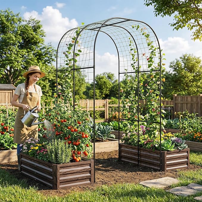 3 in 1 Galvanized Raised Garden Bed with 87" H Arch Trellis for Climbing Plants, Outdoor Gardening Planter Box with Climbing Net for Flower Vegetables Fruits Herbs, Wood Grain