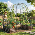 3 in 1 Galvanized Raised Garden Bed with 87" H Arch Trellis for Climbing Plants, Outdoor Gardening Planter Box with Climbing Net for Flower Vegetables Fruits Herbs, Wood Grain