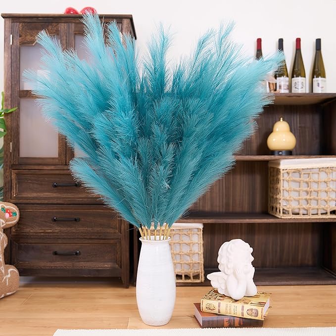 Premium Faux Teal Pampas Grass Decor 8pcs 43.3″ 110cm– Peacock Teal Tall Fluffy Feather Flowers, No Assembly 18-Branch One-Piece Stems for Boho Wedding & Coastal Home Decor, Floor Vase Accent