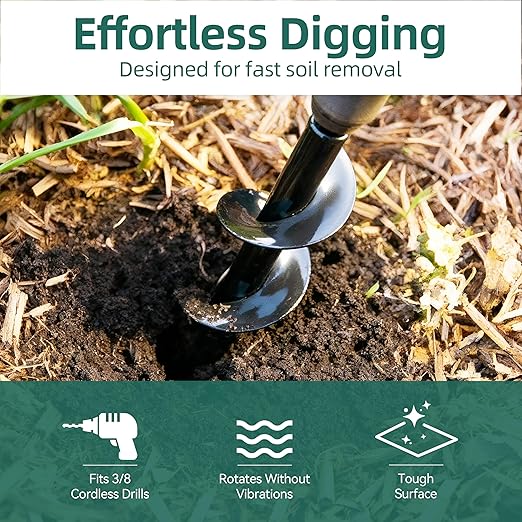 4Pcs Auger Drill Bit for Planting, 4 Common Sizes Heavy Duty Steel 3/8 Hex Drive Drill Auger for Post Holes Digger, Earth & Lawn Augering, Planting Bulbs & Trees