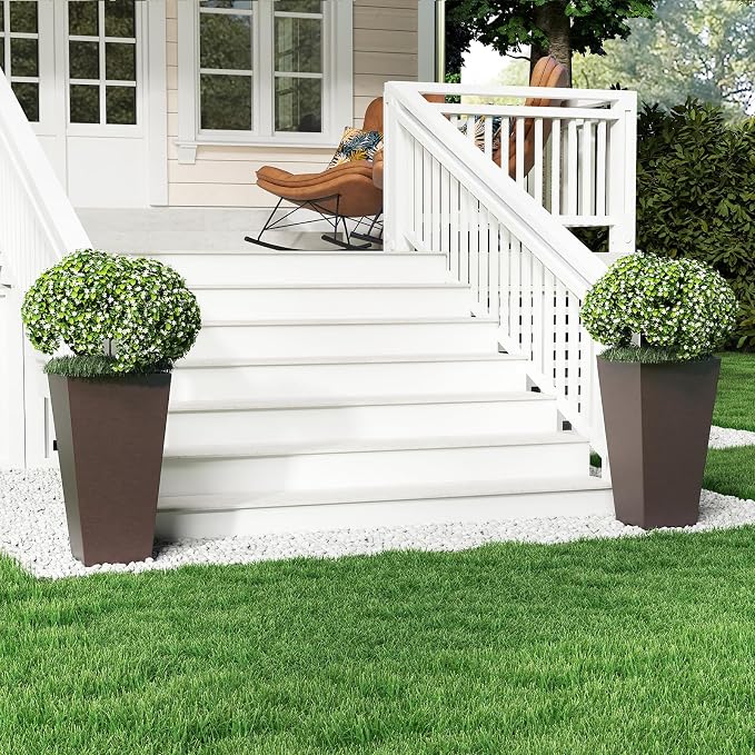Giantex Square Taper Planter Set of 2, Self-Watering Flower Pots with/Removable Inner Bucket & Drainage Holes, Indoor Outdoor Decorative Plant Container for Porch Balcony (Brown,11.5"x11.5"x22.5")