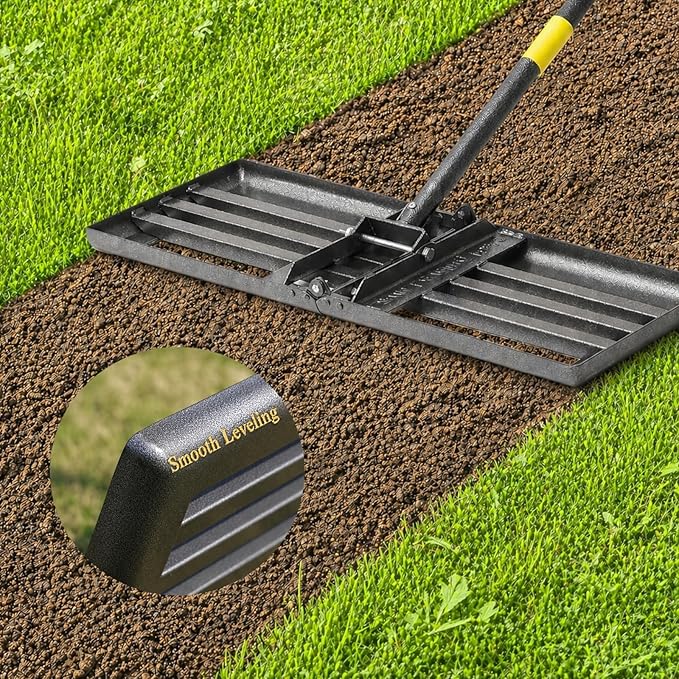 Lawn Leveling Rake - Heavy Duty 30" x 10" Lawn Leveler,Anti-Flip Edge, Adjustable 6FT Handle, Folding Plate for Yard, Soil, Sand, Topsoil,Gravel - Garden Ground Top Dressing,Landscaping tool