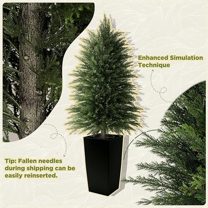 4FT Tall Artificial Cedar Topiary Tree with Full Bushy Columnar Shape, Realistic Faux Cypress in Square Black Pot with Fillable Water Bag, Outdoor Evergreen for Front Porch Garden Home Decor