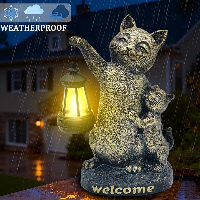 Cat Garden Statue Outdoor Decor - Solar Cat Garden Statue,Cats Figurine Ornaments,Waterproof Outdoor Sculptures for Yard Lawn Backyard Patio Balcony Home Decorations,Unique Cats Gifts for Women