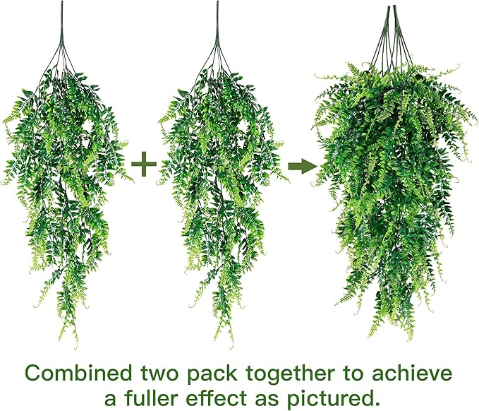 Sggvecsy 4 Pack Artificial Hanging Plants Fake Hanging Plant Faux Hanging Boston Ferns Fake Ivy Vines Greenery UV Resistant Plastic Plants for Indoor Outdoor Room Wall Wedding Patio Porch Decor