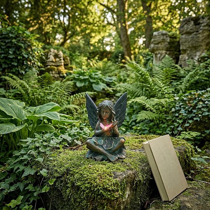 Oinas Solar Fairy Garden Statue Decor - Resin Fairy Figurines with Butterfly Light, 8.5 in Angel Fairy Outdoor Decor, Birthdays, Valentine's Day Garden Sculpture Gifts for Women