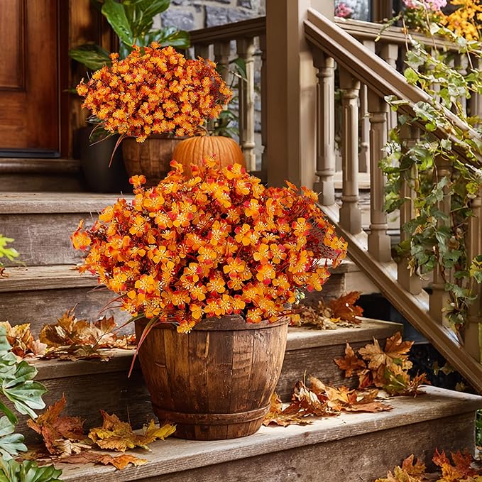 Artificial Flowers Outdoor Shrubs - Fake Plants UV Resistant No Fade Faux Plastic Greenery Home Garden Porch Patio Decoration Office Indoor (Orange)
