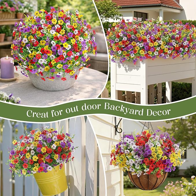 SHareconn 24 Bundles Artificial Flowers for Outdoors Decoration, Faux Plants Fake Silk Colorful Daisy Eucalyptus Lavender, UV Resistant for Outside Home Porch Indoor Spring Decor, RedPurpleYellowWhite