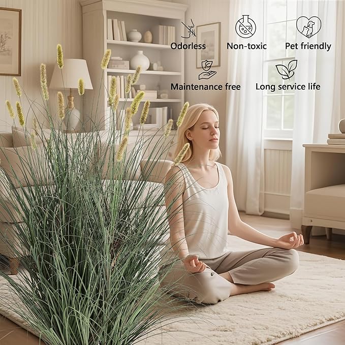 FloraFairy 3ft Onion Grass, Extra Lush Artificial Plant and Greenery, Fake Floor Plants Indoor Outdoor, Potted Faux Green Bristlegrass with Spikes, Horsetail Reed Grass, House Decorative
