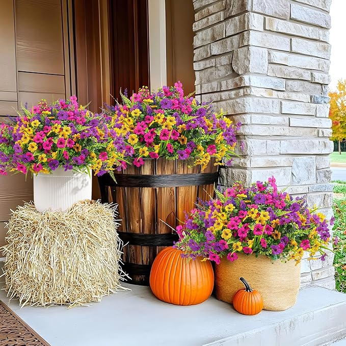 Alupssuc 48 Bundles Artificial Flowers for Outdoors Planters Spring Decoration, UV Resistant Faux Eucalyptus Violet and Lavender Silk Fake Plants for Outside Indoor Yard Home Patio Decor, Mix 3 Colors