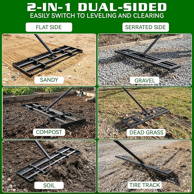 Housolution 32"x10" Lawn Leveling Rake with Serrated Edge & Smooth Plate, Heavy-Duty Stainless Leveling Rake with 72" Adjustable Handle, Serrated Rake for Soil/Dirt/Compost/Dead Grass/Gravel