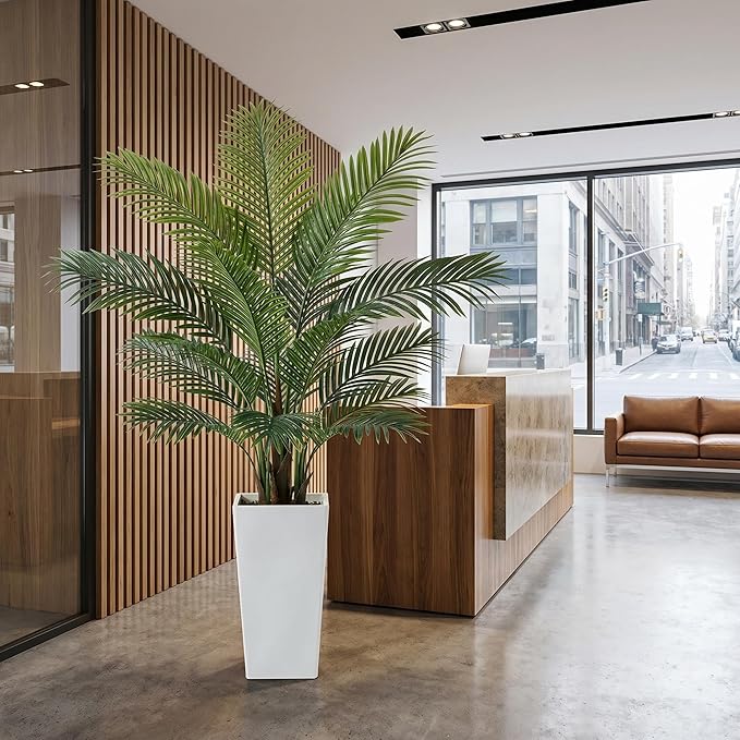 Garvee 5FT Artificial Palm Tree, Tall Faux Tropical Areca Plants with White Tall Planter, Fake Potted Tree with Lifelike Leaves for Indoor Living Room Bedroom Home Office Decor