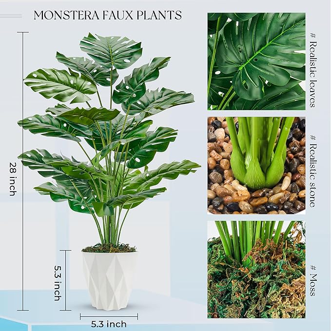 Toopify 28"" Fake Plants Large Artificial Monstera Faux Plants Indoor with White Pot for Home Office Living Room Decor, Green