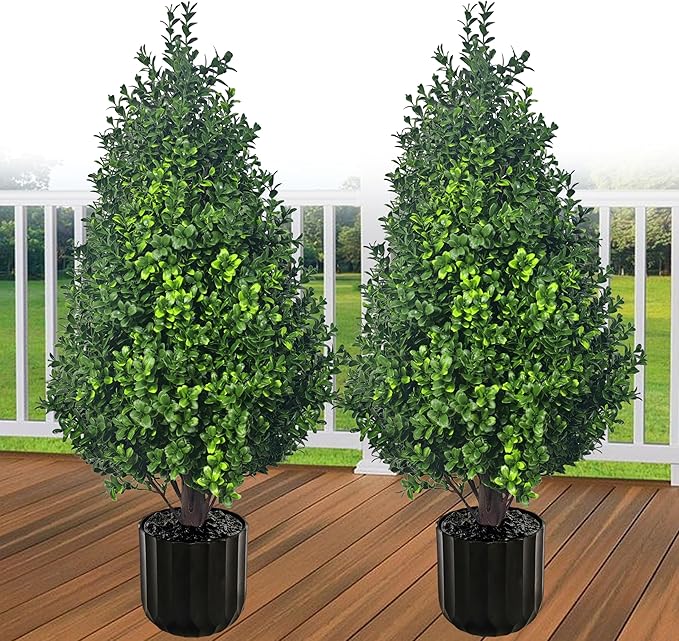 Set of 2 Artificial Potted Plants Boxwood Trees Outdoor Indoor Artificial Topiary Tree with Planter,2.3FT Potted Faux Bushes Evergreen Fake Trees Outside Realistic for Porch Offices Balcony Garden