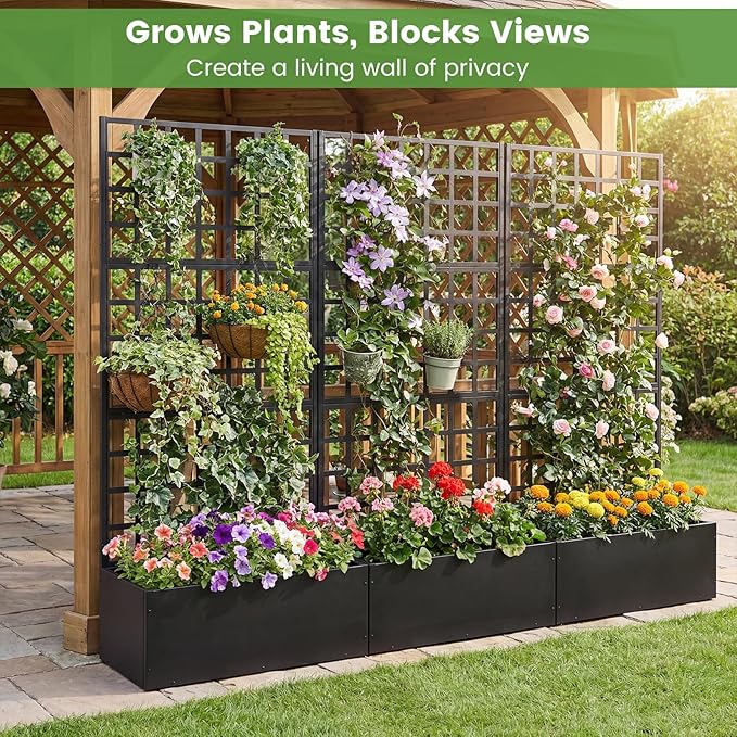 Giantex 2 Pack Metal Raised Garden Bed with Trellis, 36" x 16" x 77" Galvanized Planter Box w/Drainage Holes for Climbing Plants Vegetables Flowers, Outdoor Privacy Screen for Patio Backyard Balcony
