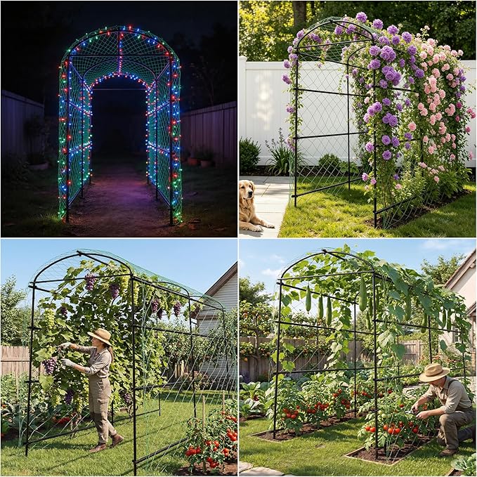 unho 87inch Metal Garden Trellis Arch for Climbing Plants - Polyethylene-Coated Anti-Rust, Heavy Duty, Wide Walk-Through Outdoor Arch with Net, for Cucumber Tomato Squash Zucchini Peas Grape Flowers