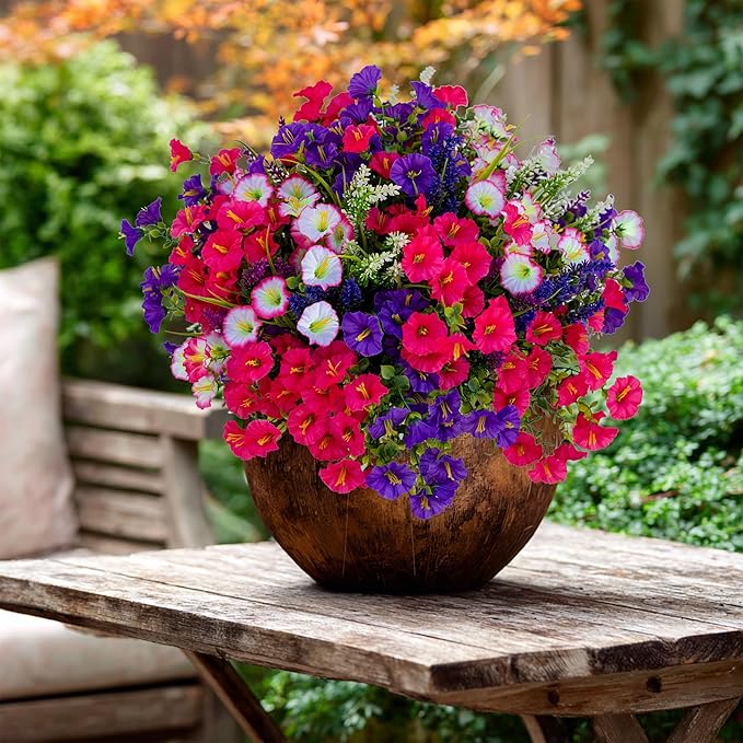 Artificial Flowers Outdoor Morning Glory - 16 Bundles Fake Plants UV Resistant No Fade Faux Plastic Greenery Home Garden Porch Decoration Indoor (1, Multi16-3)