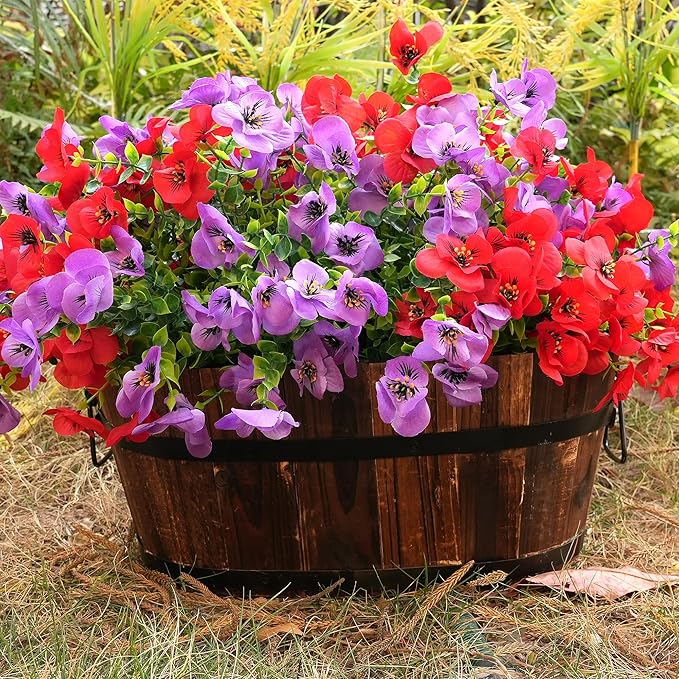 Artificial Flowers for Outdoor, UV Resistant Fake Silk Pansies Flowers, Realistic Faux Plants for Outside Indoor Porch Patio Window Box Planter Home Decor (16, Red/Purple)