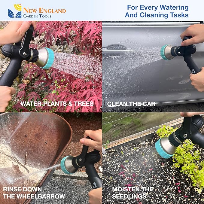 Heavy Duty Metal 10 Pattern Fireman’s Hose Nozzle 500003 with Lever Control and Comfort Grip by New England Garden Tools for Cleaning, Watering Plants & Yards, Washing Cars & Livestock