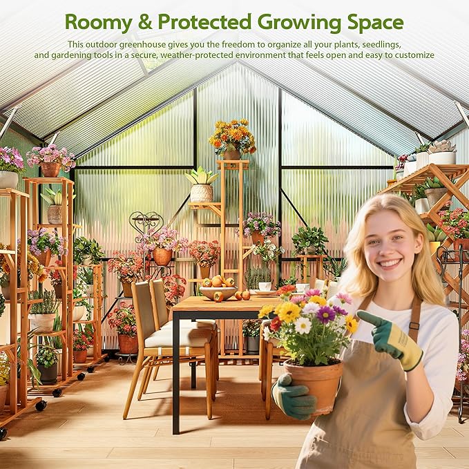 Wanan 8x12FT Greenhouses for Outdoors, Quick Assembly Green House with UV Protection, Heavy Duty Windproof Aluminum Frame, Adjustable Roof Vent for Backyard or Outdoor Garden Use