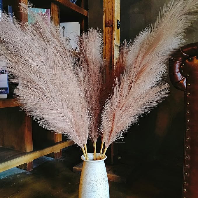 Premium Faux Khaki Pampas Grass – 43.3" Tall Fluffy Earth-Toned Decor, 8pcs 18-Branch One-Piece Stems No Assembly, Luxury Silk Feather Flowers for Boho Military Green Decor,Olive Beige 8 Stems110cm