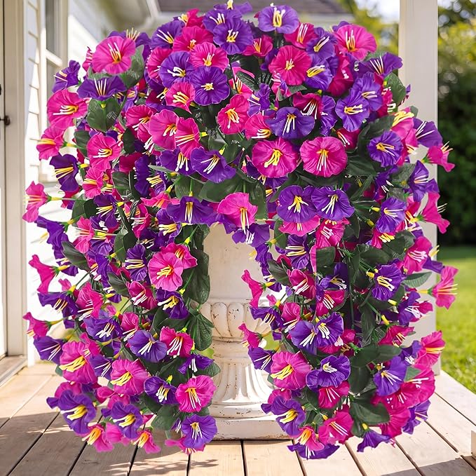 Artificial Fake Hanging Flowers Plants for Outdoor Outside Spring Summer Decoration 2PCS Faux Silk UV Resistant Realistic Morning Glory Trailing Vines for Home Porch Patio Balcony(Purple & Magenta)
