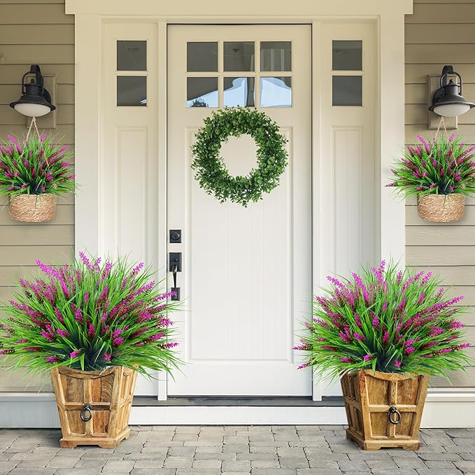Sggvecsy 12 Bundles Artificial Plants Outdoor Faux Lavender Flowers Fake Monkey Grass UV Resistant Plastic Greenery Plants for Garden Home Porch Window Patio Hanging Planter Indoor Decor (Magenta)