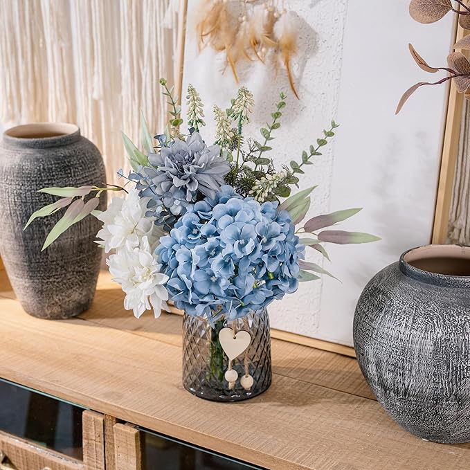 LUEUR Fake Flowers with Vase, Hydrangea Artificial Flowers in Vase Faux Flowers Arrangement Suitable for Home Kitchen Living Room Fall Spring Decor Office Decoration, Centerpiece Table Decorations